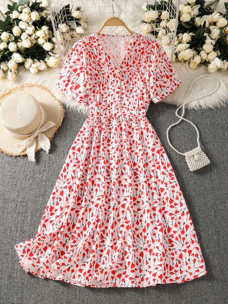 女士夏季印花蕾丝边V领短袖优雅度假连衣裙 - 紅色 - 查看 1