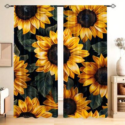 2pcs Black Sunflower Print Curtains - Rod Pocket Design, Polyester, Perfect For Living Room, Kitchen, Bedroom & More - Machine Washable Home Decor