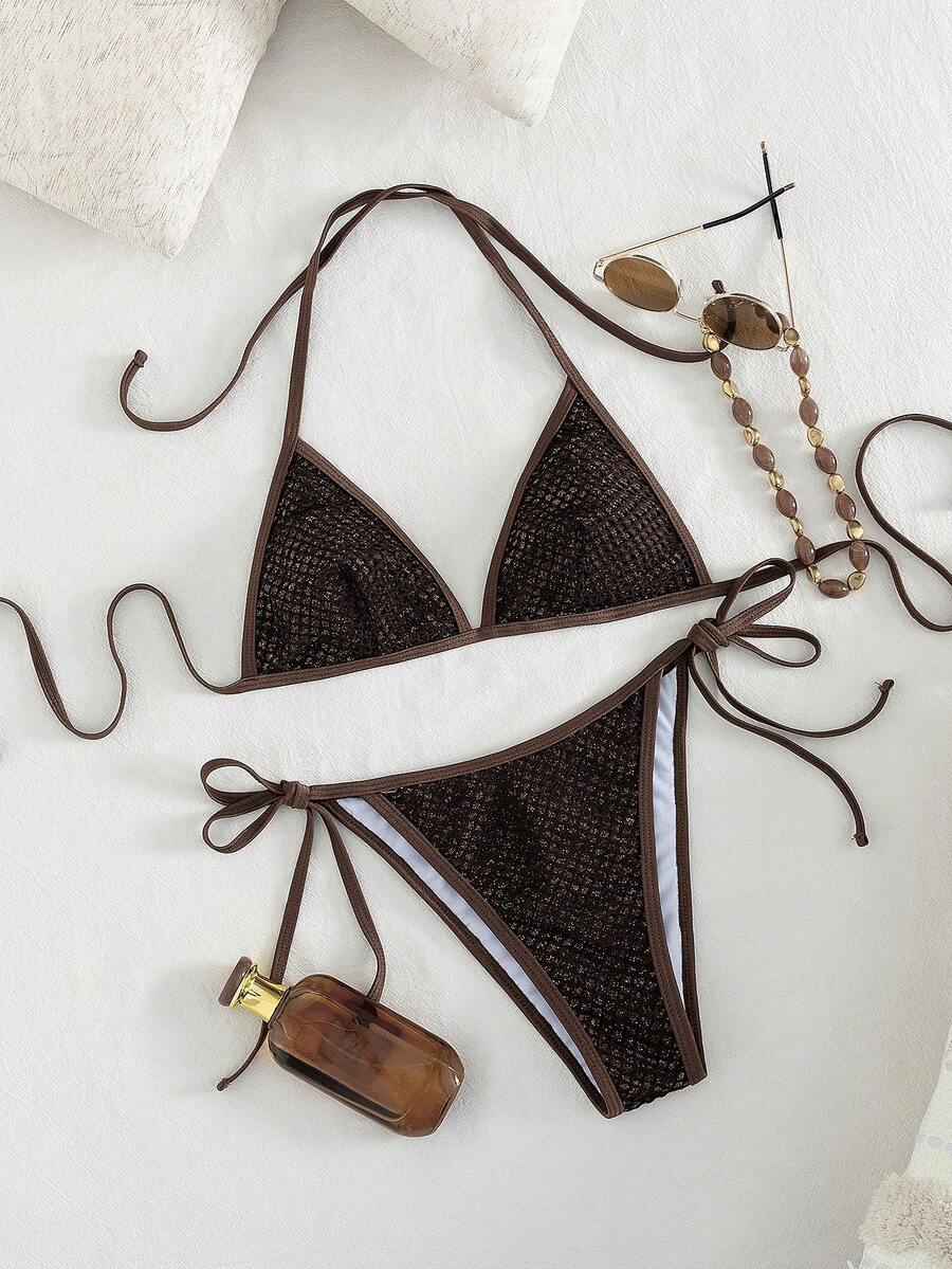 New Women Fishnet Bikini Set, Sexy Tie-Up Sparkling Swimwear, Beach Wear Vacation Summer - Brown - View 1