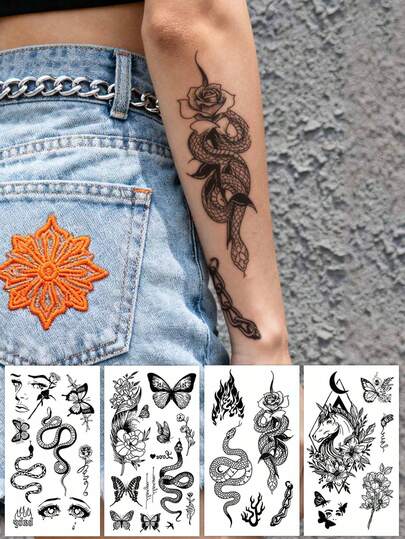 黑色蝴蝶、蛇眼、火焰和花卉图案临时纹身贴纸 - 个性化手臂纹身，适合DIY、动漫节、嘉年华、音乐节、情人节、派对和节日礼物，防水，可用于手腕、脚踝、肩膀、脖子、锁骨、身体皮肤。