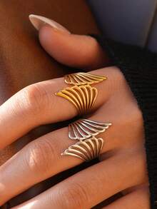 Frminee 2枚/1枚复古天使翅膀戒指，羽毛开口，不锈钢可调节天使翅膀食指戒指，男女通用，精致雕刻，奢华情侣节日礼物 - 彩色 - 查看 5