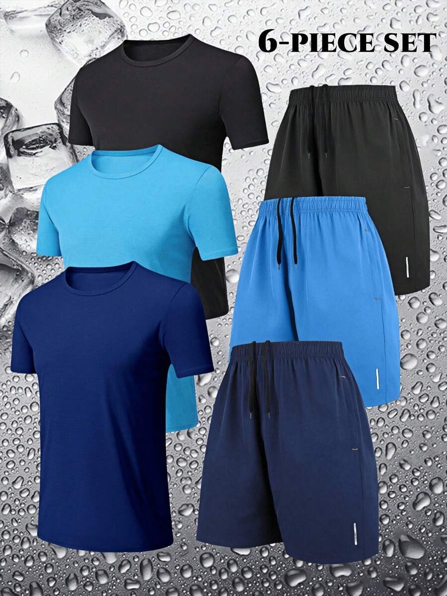 6件套男士夏季篮球训练跑步服、吸湿排汗短袖T恤和短裤套装、户外沙滩冲浪服 - 彩色 - 查看 1