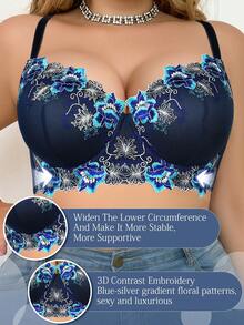 mimilemon Plus Size Women Navy Blue Floral Embroidery Supportive Bra - Comfortable Loose Hem Support - Blue - View 1