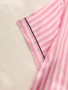 2Pcs Women's Pajama Set Features A Bowknot Embroidery And Striped Print On Satin Fabric, Including A Short-Sleeved Button-Down Shirt And Shorts, Perfect For Casual Loungewear In The Summer. - Watermelon Pink - View 4