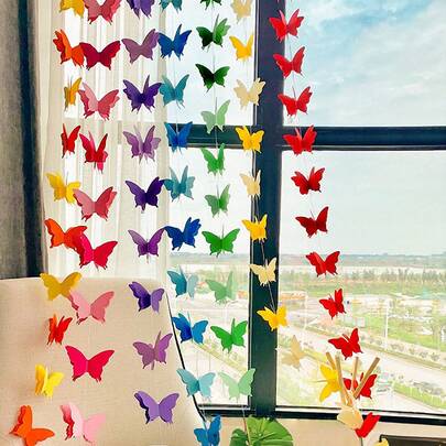1pc Butterfly Garland Party Decor, Birthday Home Decoration, Party Holiday Decor. The Rainbow Butterfly By The Window Brings Romance To The Sight