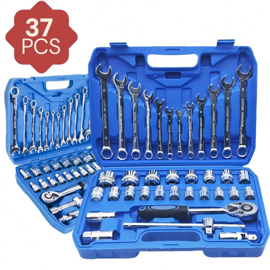 37-Piece Professional Tool Kit With Combination Wrench, Sockets, And Large Ratchet - A - Xem 1