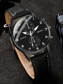 三件套奢华商务男士腕表套装，包括一枚黑色表盘多功能石英腕表（配黑色皮表带）、一个黑色压纹皮夹和一个金属钢笔。整体风格沉稳优雅，散发着成熟稳重的气质。 - 黑色 - 查看 6