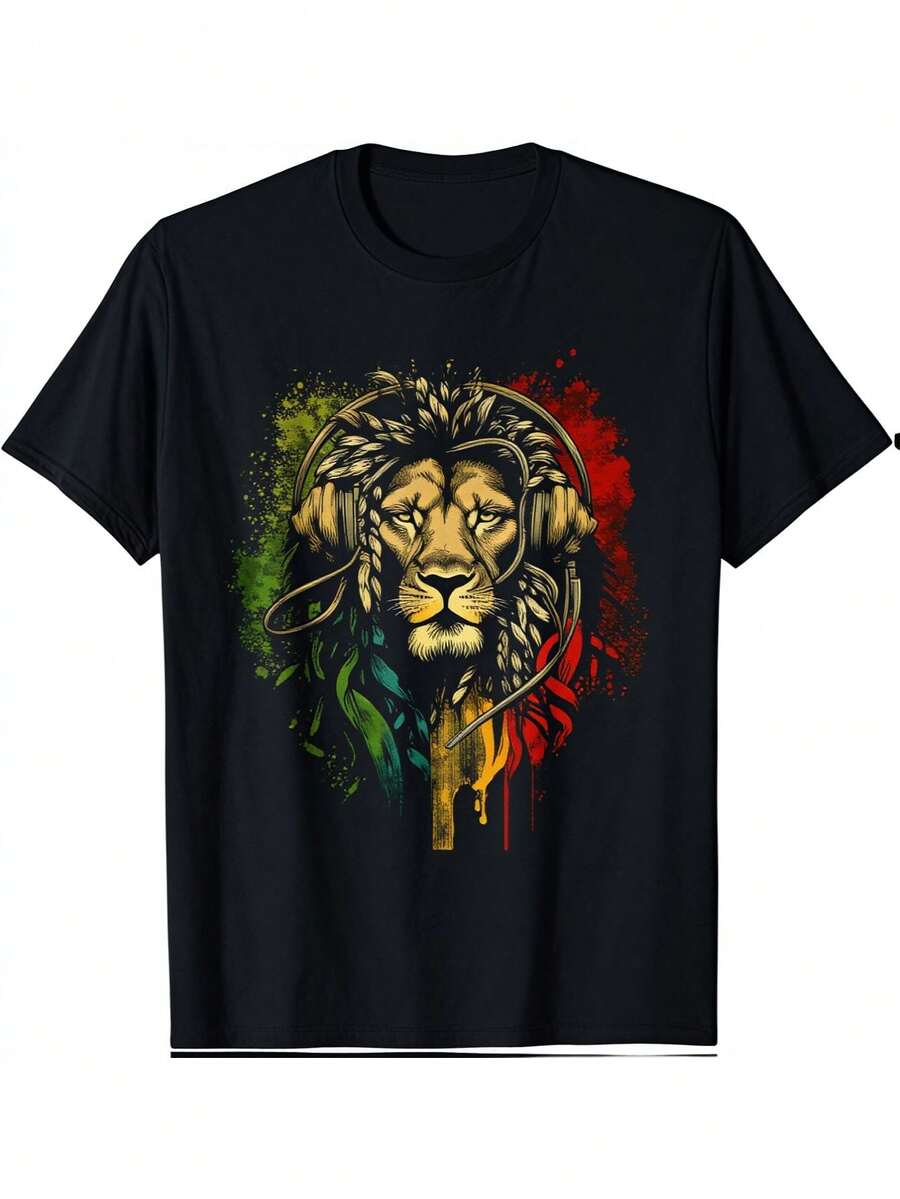 Lion Shirt Black Colors Music Headphones Design Casual Wear And Street Style - 黑色 - 查看 1