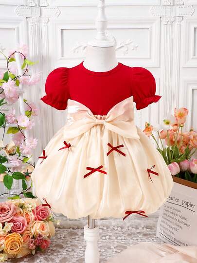 女童时尚休闲户外优雅可爱假日派对红白拼接蝴蝶结针织短袖泡泡袖连衣裙，春夏款