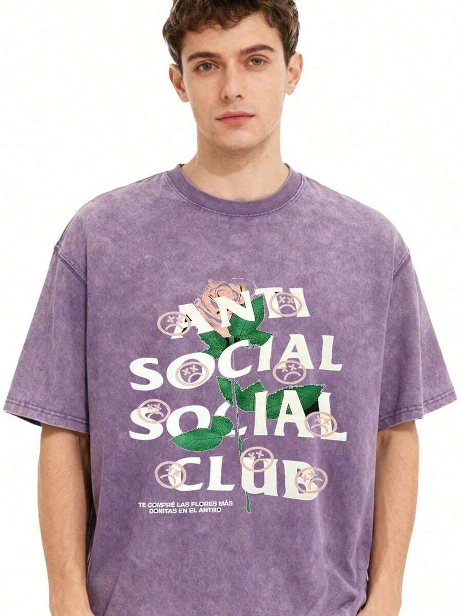2026 Summer Tops1pc Retro Water Washed T Shirts, Artistic Graphic Featuring A Blooming Rose Intertwined With Bold Anti Social Club Text Symbolizing Contrast Between Beauty And Isolation Vintage 100% 230g Pure Cotton Casual Tee For Men,Street Y2K, Summer Tops, New Year Gifts,UnisexLoose And Comfortableshirt - 紫羅蘭色 - 查看 1