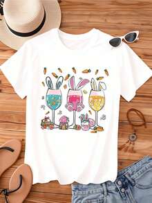 Easter Bunny Wine Glass T-Shirt Spring Holiday Cute Rabbit Design Cartoon Easter Eggs Carrots Party Tee Women Casual Fashion Top - trắng - Xem 2