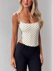 Women's Polka Dot Bodysuit, Y2K Backless Bodycon Romper, Square Neck Thong Bodysuit, Adjustable Shoulder Strap Cami Bodysuit Top, Ultra Thin G-String Bottom, One Piece Camisole Slim Crop Tank Jumpsuit For Summer Streetwear - 米色波點 - 查看 5