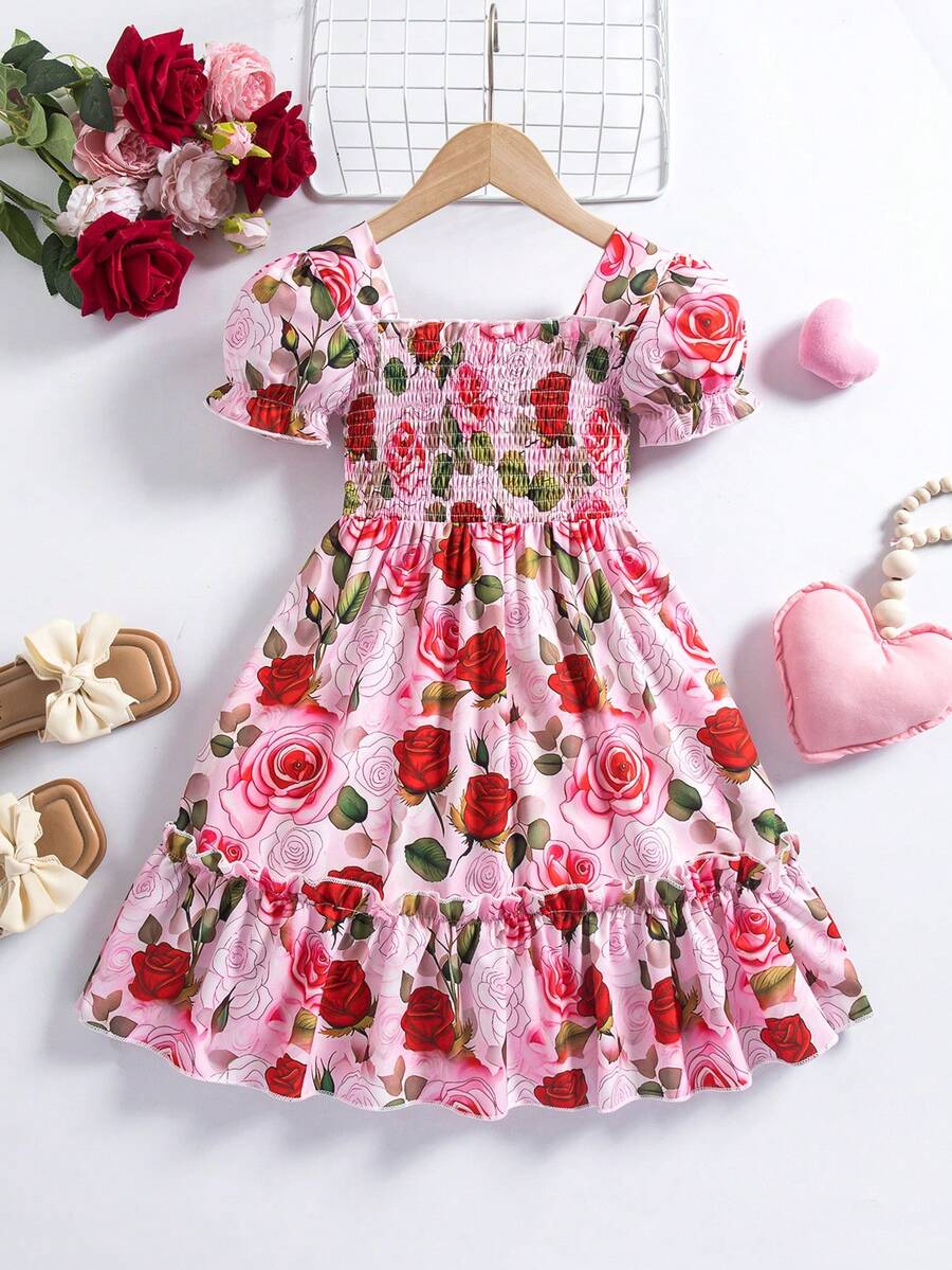Girls Digital Print Dress, Short Sleeve Lightweight Fashion Sundress, Floral Princess Dress For Girls, Suitable For Outings, Parties, Gifts, Casual Wear - Pink - View 1