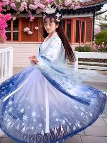 Women's Blue Fairy-Like Hanfu, Classic, Elegant, And Sophisticated, With A Loose Fit.  Four-Piece Chinese Hanfu Set. Traditional Cultural Attire. Suitable For Balls, Graduation Ceremonies, Spring Festival Costume New Year's Celebrations, Parties, And Gatherings. Hanfu For All Seasons. Lady Costume - Baby Blue - View 3
