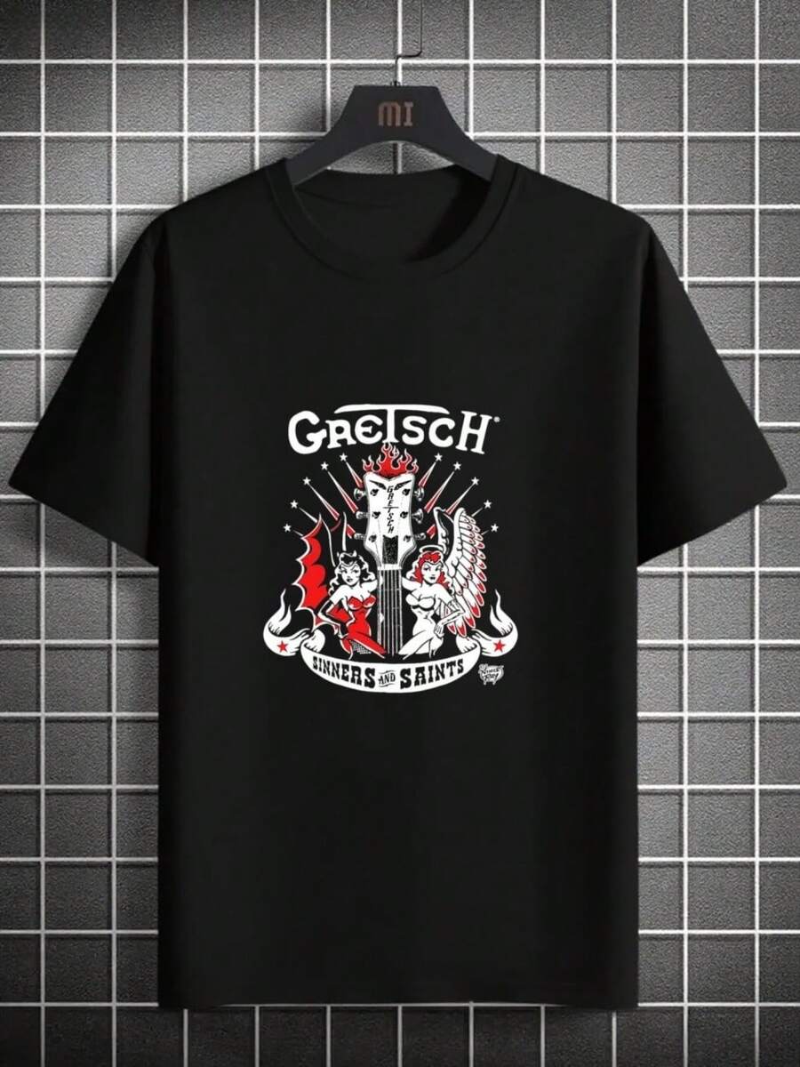 Sinners Saints Gretsch Guitar T-Shirt Rock Out In Style - Crew Neck, Short Sleeve, Casual , All-Season, Digital Heat Transfer Print, Perfect For Daily & Casual Wear - màu đen - Xem 1