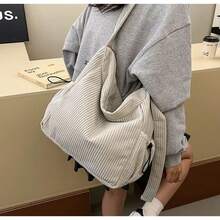 Large Women's Tote Bag In Corduroy Velvet | Modern, Lightweight And Spacious Casual Shoulder Bag For Everyday Use, Work And College - Màu be - Xem 6