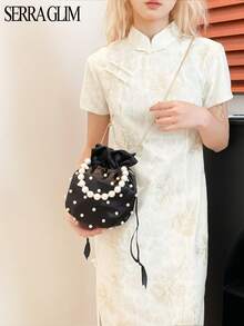 Mini Pearl Handbag Bucket Bag Stylish And Elegant Shoulder Bag Crossbody Bag Pearl Beaded Evening Bag Clutch Wallet Chain Bag Soft Satin Material Suitable For Commuting, Gatherings, Dinners, Parties And Other Occasions Christmas Gift Birthday Gift Perfect Choice For Women's Graduation Gifts Valentine's Day Gifts - màu đen - Xem 2