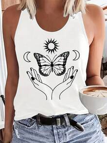Women's Sleeveless Tank Top - Non-Transparent Smooth Surface Casual Blouse, Everyday & Formal Outfits - Machine Washable Women's Clothing, Versatile Outfit, Graphic Print Design, Nontransparent Fabric, Summer Fashion,  Design, Breathable Fabric, Summer Wardrobe - White - View 5