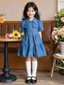 Young Girl Denim Dress, Summer New Cute Bow Puff Sleeve Lapel Knee-Length Princess Cake Dress - Blue - View 2
