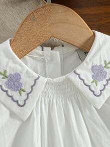 Young Girl Summer Cotton Petal Sleeve Shirt With Bindweed Embroidery - White - View 3