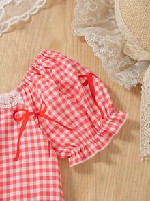 Girls' Casual Outing Fashion Plaid Bow Print Pattern Collar Ruffle Decor 3D Bow Design Flared Hem Square Neck Puff Sleeve Knee-Length Casual Dress, Spring/Summer - Red - View 5