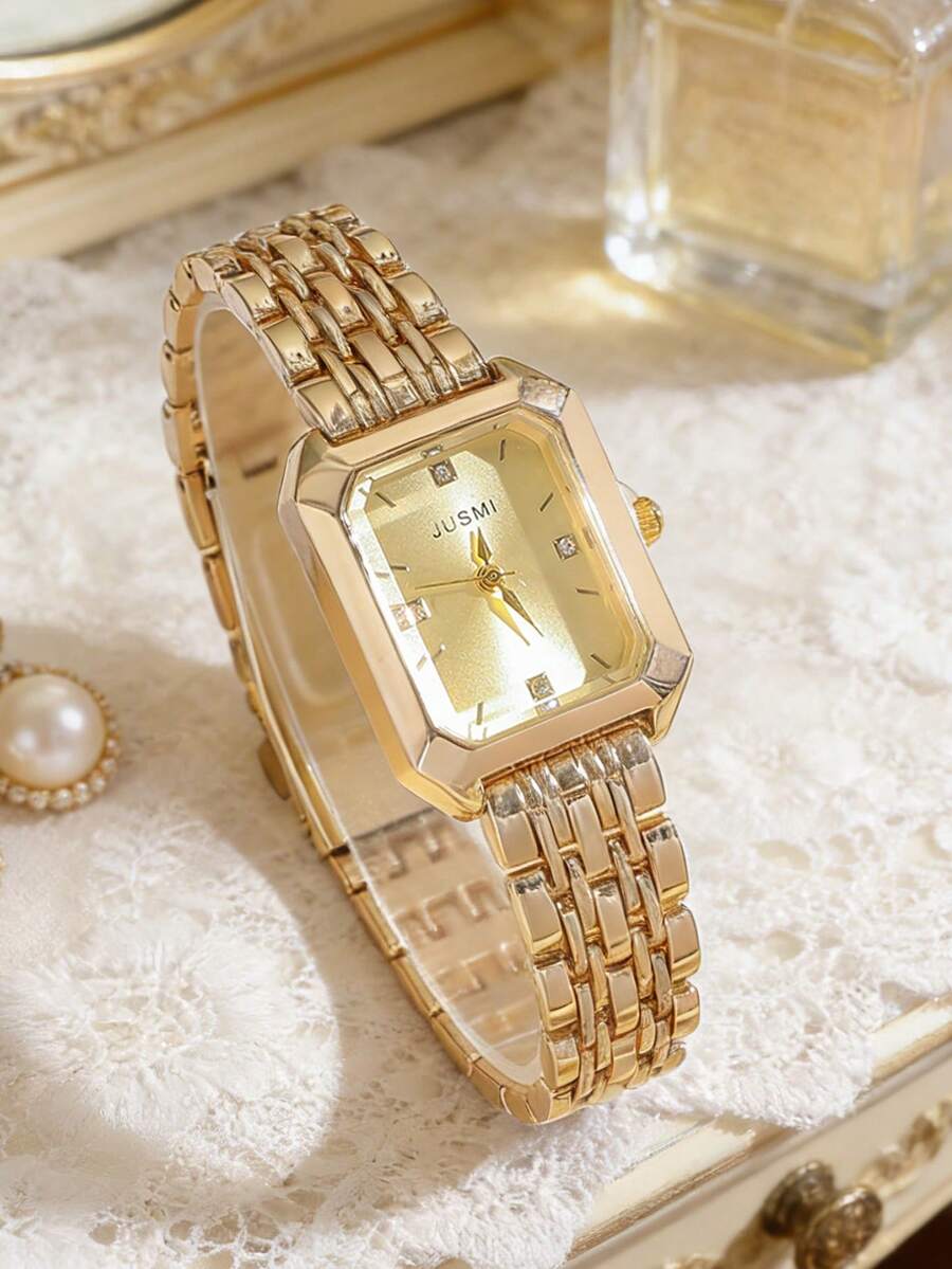 1 pieza Reloj de cuarzo con correa de acero de alta calidad y esfera de barra minimalista, adecuado como regalo de cumpleaños, Halloween o promoción de fin de año - Dorado - Ver 1