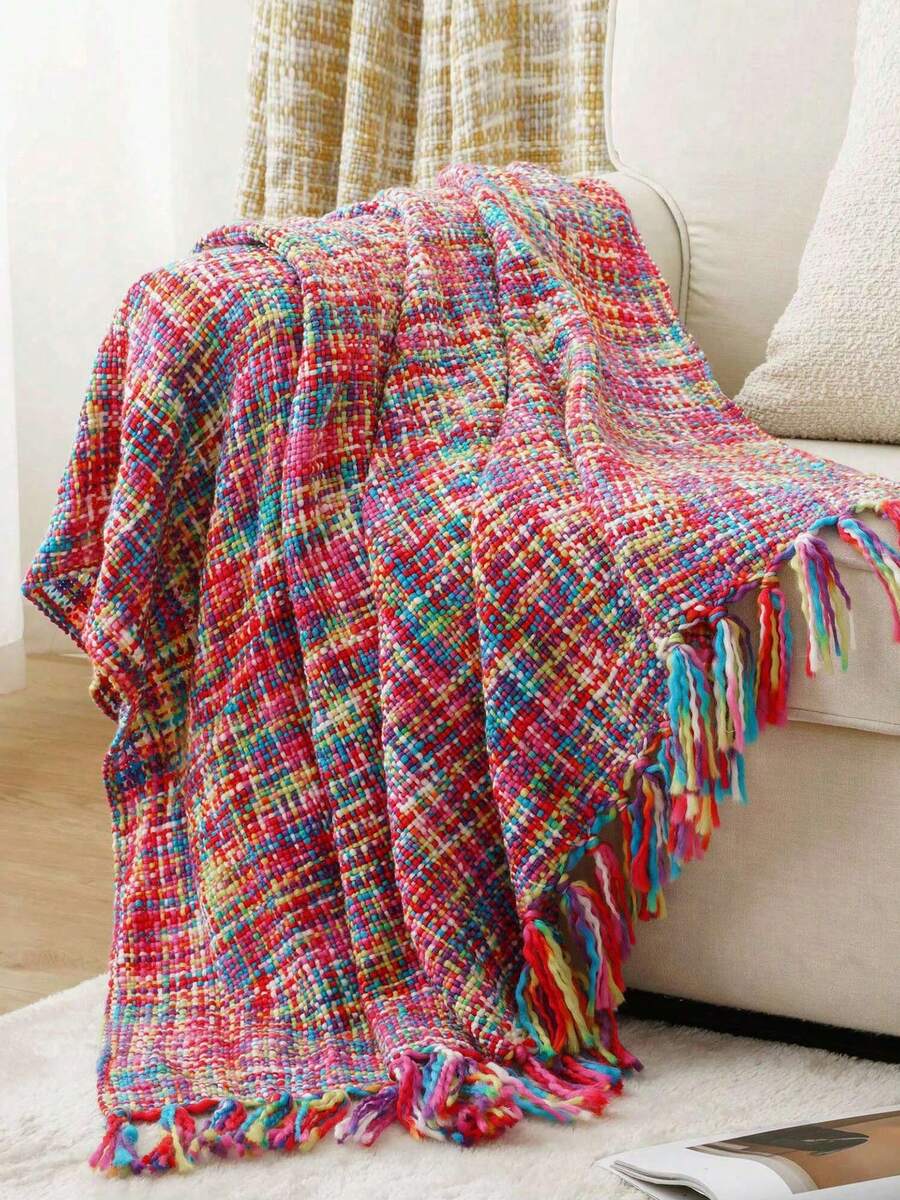 Multicolor Throw Blanket With Tassels, Home Decorative Colorful Throw Blanket For Couch, Boho Throw Blankets For Sofa, Bed Thows For Foot Of Bed, 50"X60" - Multicolor - View 1
