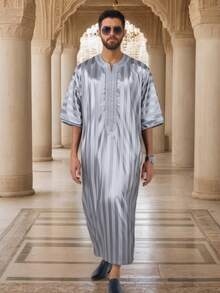 New Middle Eastern Moroccan Dubai Clothing Striped Robe, Mid-Sleeve Embroidered Saudi Arabian - Light Grey - View 1