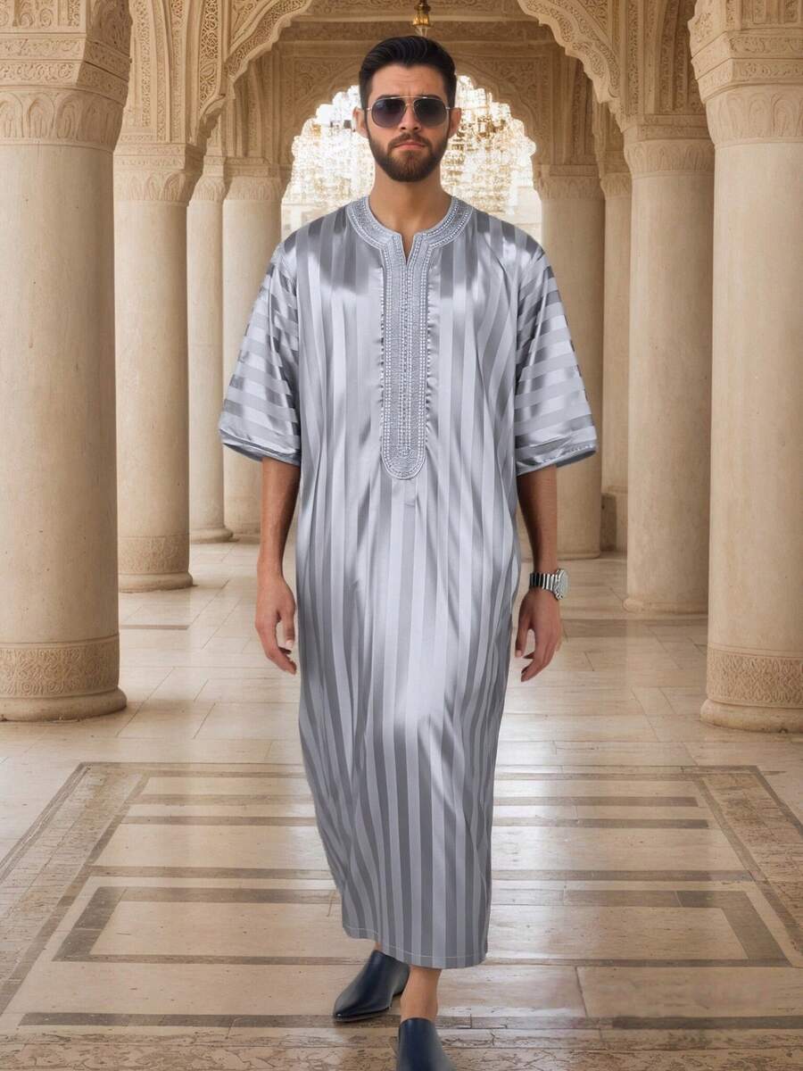 New Middle Eastern Moroccan Dubai Clothing Striped Robe, Mid-Sleeve Embroidered Saudi Arabian - Light Grey - View 1