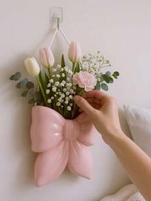 1pc Pink/White Bow Hanging Vase, Decorative Vase, Flower Vase, Wall Decor, For Living Room/Bedroom,For Home Decor, Perfect Birthday Gift For Mom,Dad, Friends, Or Bosses Day, Ideal For Offices, Bookshelves, Living Rooms, TV Stands, Bedroom, And Garden Decoration, Unique Birthday Decorations And Gifts Birthday Graduation - Vase - View 2