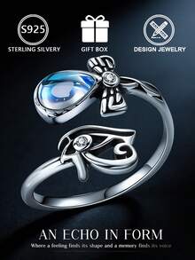 1pc S925 Sterling Silver Double Layer Moonstone Adjustable Ring, Butterfly & Eye Design, Unique Dreamy Silver Ring, Suitable For Daily Wear Or Gift, Comes In Gift Box - Antique Silver - View 2