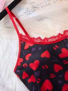 1pc Women Sexy Lace Trim Leopard Heart Pattern Camisole Nightgown - Black - View 3