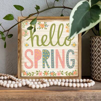 1件3D“你好，春天”木质相框装饰品，春季复活节装饰品，完美的复活节礼物，适合春季送给家人和朋友的桌面装饰，复活节派对的励志艺术礼物