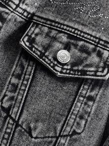 2026 New Spring/Autumn Men's Rhinestone Embellished Denim Jacket, Casual Turndown Collar Long Sleeve Streetwear Top - Dark Grey - View 4