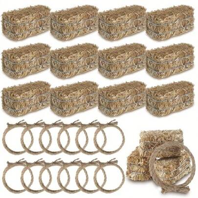 8/24pcs Mini Western Themed Party Decorations 6/12 Mini Decorative Hay Bales With 6/12 Twisted Hemp Rope For Cow Table Centerpieces Horse Rodeo Fall Harvest Craft Party Favor,Multi Item Gift Pack