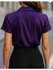 法式复古优雅设计V领短袖缎面条纹印花衬衫，交叉条纹办公休闲夏季女式衬衫 - 紫色條紋 - 查看 5