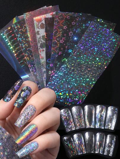 10pcs Holographic Silver Nail Foil Stickers Rainbow Star Rose Cherry Blossom Geometric Glitter Floral Prints Disco Starry Sky Pattern Shiny Aurora Laser Film DIY Nail Art Decoration, Suitable For Women And Girls Nail Supplies