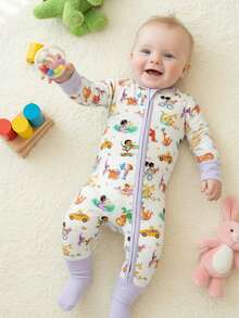 MIOZING  Bamboo Viscose Baby Romper With Two-Way Zipper,Cute Dino Print, Breathable & Cozy,Breathable Long Sleeve Jumpsuit Sleepwear For Boys Girls 0-24M - 淡紫色 - 查看 4
