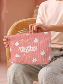 1pc Customized Name Cartoon Elephant & Rabbit Pattern Corduroy Toiletry Storage Bag, Perfect For Travel And Organizing Toiletries, Customizable Based On Your Unique Design, Ideal For Kids, Print Your Own Name Or Your Sister's And Classmate's Name As A Gift - Multicolor - View 9