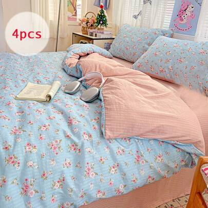 4pcs Light Blue Bedding Set, Vintage Floral Print Duvet Cover, Cozy And Aesthetic Bedding Set, Suitable For All Seasons, Includes 1 Duvet Cover (No Filling), 1 Bed Sheet, 2 Pillow Shams (No Filling)