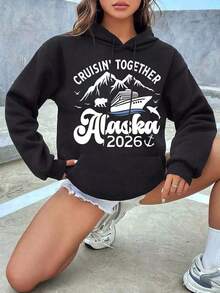 Women Hooded Drawstring Sweatshirt Cruisin Together Alaska 2026 Cruise Ship Mountains Bear And Dolphin Print For Vacation Travel Summer Holidayprinted Sweatshirt - màu đen - Xem 1