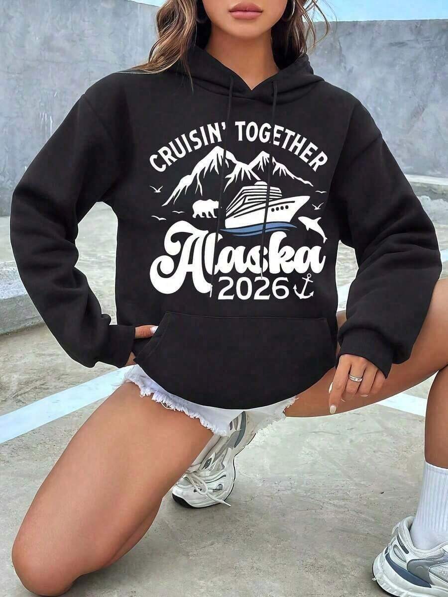 Women Hooded Drawstring Sweatshirt Cruisin Together Alaska 2026 Cruise Ship Mountains Bear And Dolphin Print For Vacation Travel Summer Holidayprinted Sweatshirt - màu đen - Xem 1