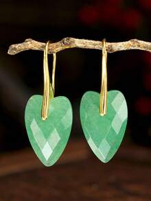 迷人天然石心形吊坠女士耳环 - 13*20mm 天然白石英、粉晶、绿东陵玉、虎眼石、黑曜石多面心形吊坠 - 波西米亚优雅风格，适合日常及节日佩戴。理想的情人节礼物。可爱可摆动设计，休闲装扮及特殊场合皆宜。 - 彩色 - 查看 18