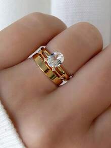 3pcs Elegant Cubic Zirconia Inlaid Ring Set, Jewelry Accessories Suitable For Women To Wear At Weddings, Parties And Gatherings, Holiday Gift - Gold - View 1