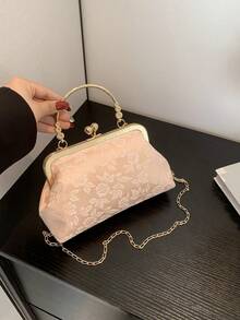 Fashionable Clip-Top Handbag, Elegant Tote Bag For Party And Shopping, Pattern Placement Random - Pink - View 6