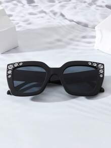 1 Pair Women's Fashion Glasses With Black Thick Frame & Rhinestones, Suitable For Daily Wear - Multicolor - View 3