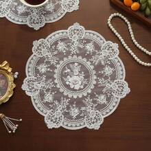 Handmade Style Embroidered Lace Doily Vintage Round Placemat White Floral - trắng - Xem 5