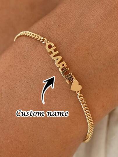 1 pieza Pulsera minimalista personalizada con nombre de amor, pulsera cubana de acero inoxidable, pulsera de mujer, joyería de moda elegante, regalos personalizados, regalos del Día de San Valentín para ella, nombres personalizables, adecuada para uso diario y como regalo, pulseras de pareja, pulseras familiares, Ramadán, Día de la Madre, cumpleaños, regalos de aniversario, pulseras personalizadas para mamá o mayores