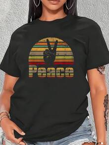 Peace Retro Love 60s 70s Hippie Gift 1 Pcs Women's Plus Size T-Shirt Funny Oversized Graphic Short Sleeve Tee Novelty 100% Cotton Shirt Casual Crew Neck Top 220g - màu đen - Xem 1