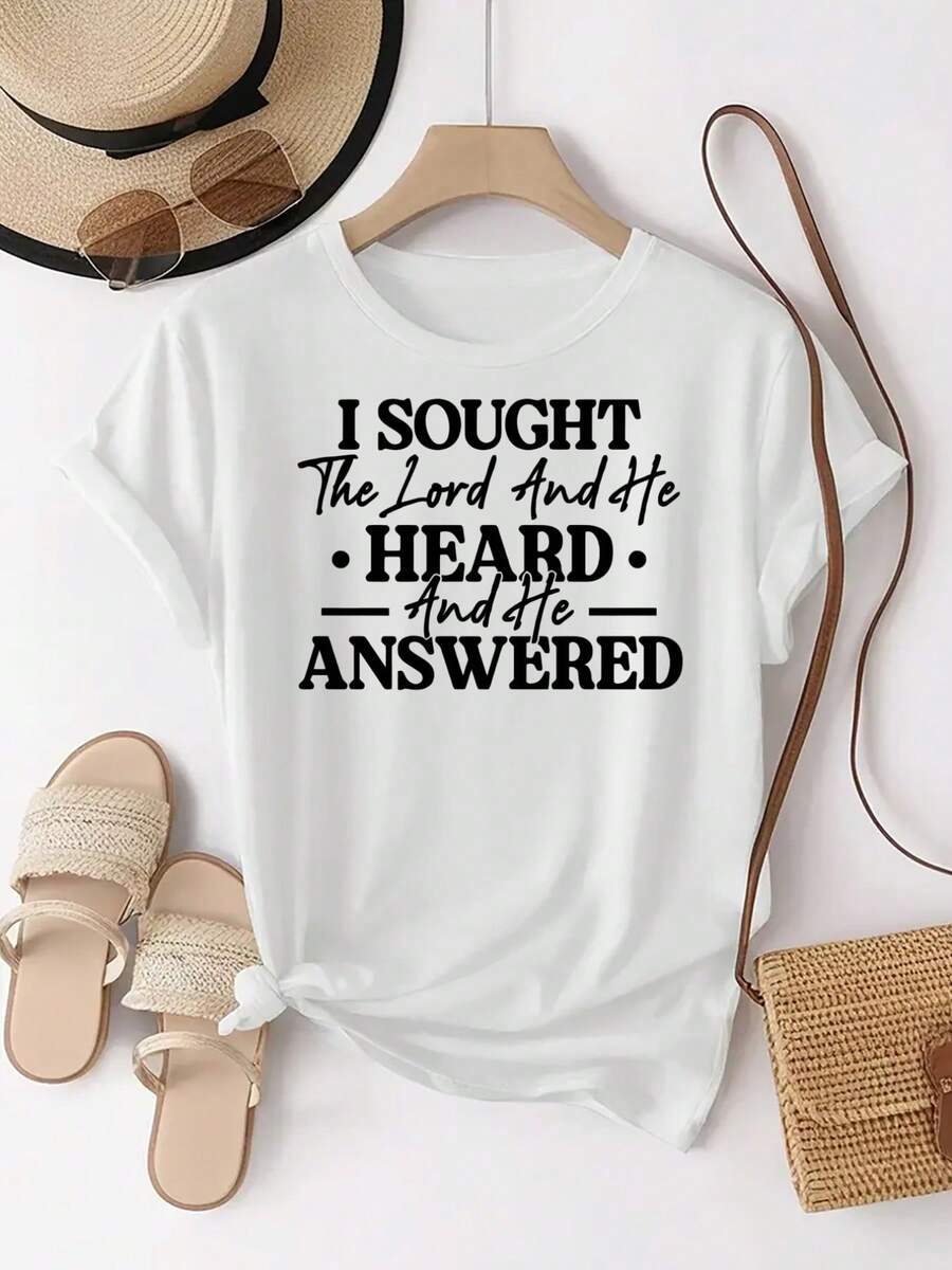 Printed With The Text Design "I SOUGHT The Lord And He HEARD And He ANSWERED."A Casual Daily Round-Neck Short-Sleeve Fashion Sports T-Shirt For Women, Featuring A  Pattern Print And Comfortable Top  Women's Short Sleeve T-Shirt,Women's St. Patrick's Day Green Shamrock Print Oversized T-Shirt,Valentine's Gift Casual Tee - 白色 - 查看 1
